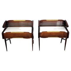 Vintage Italian Midcentury Art Deco Night Stands Bedside Tables Wood Brass Marble Glass