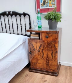 Italian Midcentury Art Deco Nightstand Bed Side Table Briar Walnut Grey Marble