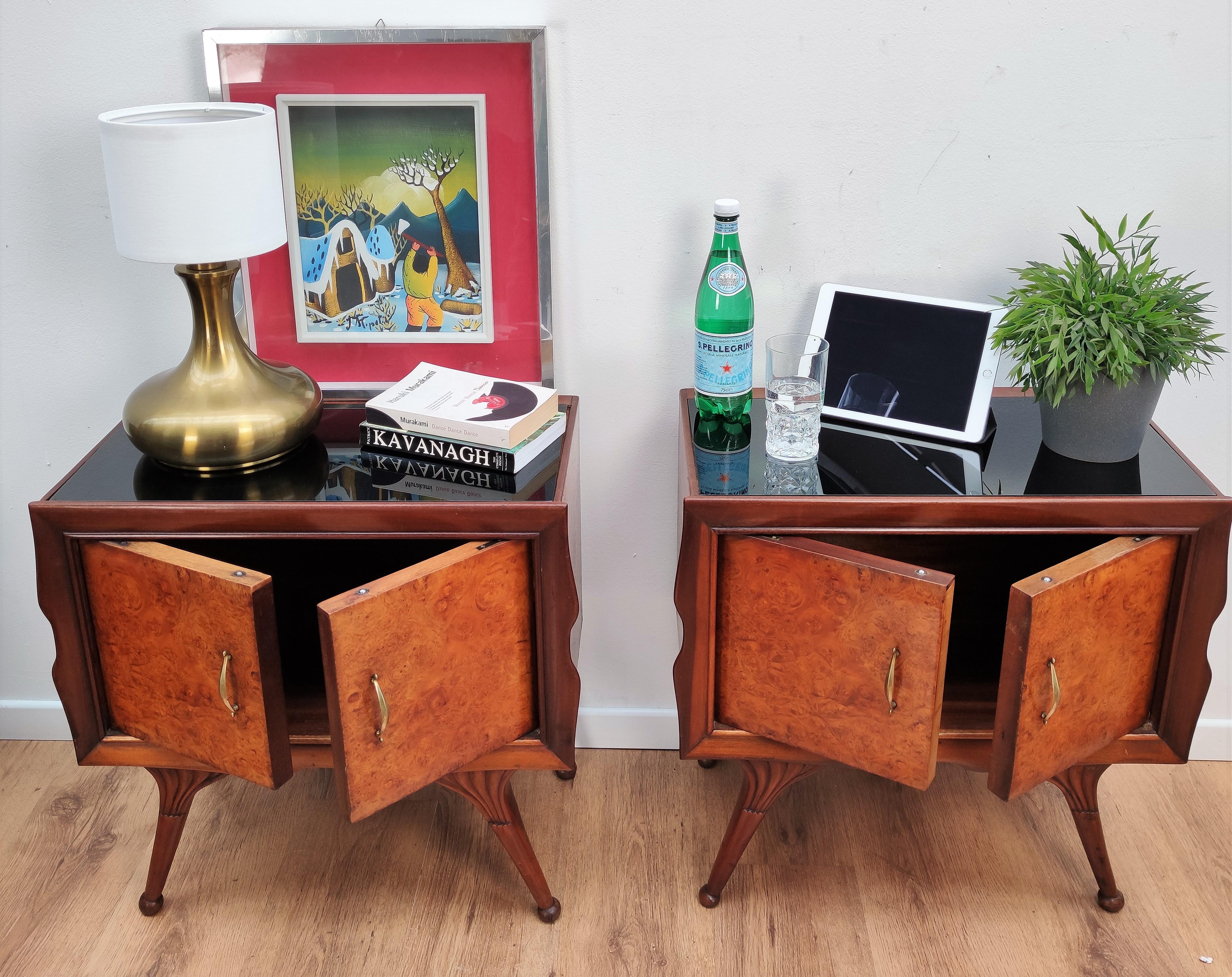 Wood Italian Midcentury Art Deco Nightstands Bed Side Tables Briar Walnut Brass Glass