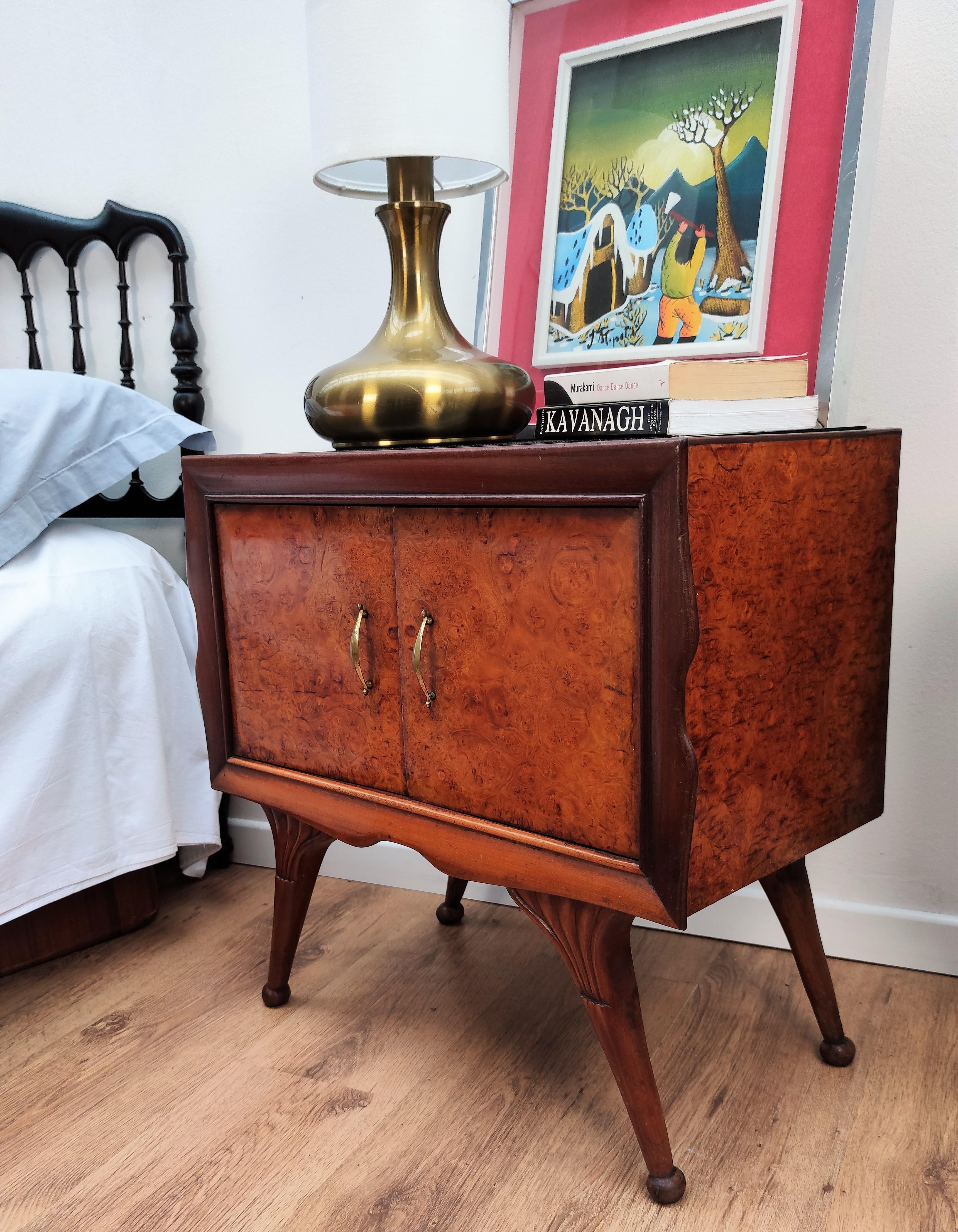 Italian Midcentury Art Deco Nightstands Bed Side Tables Briar Walnut Brass Glass 3