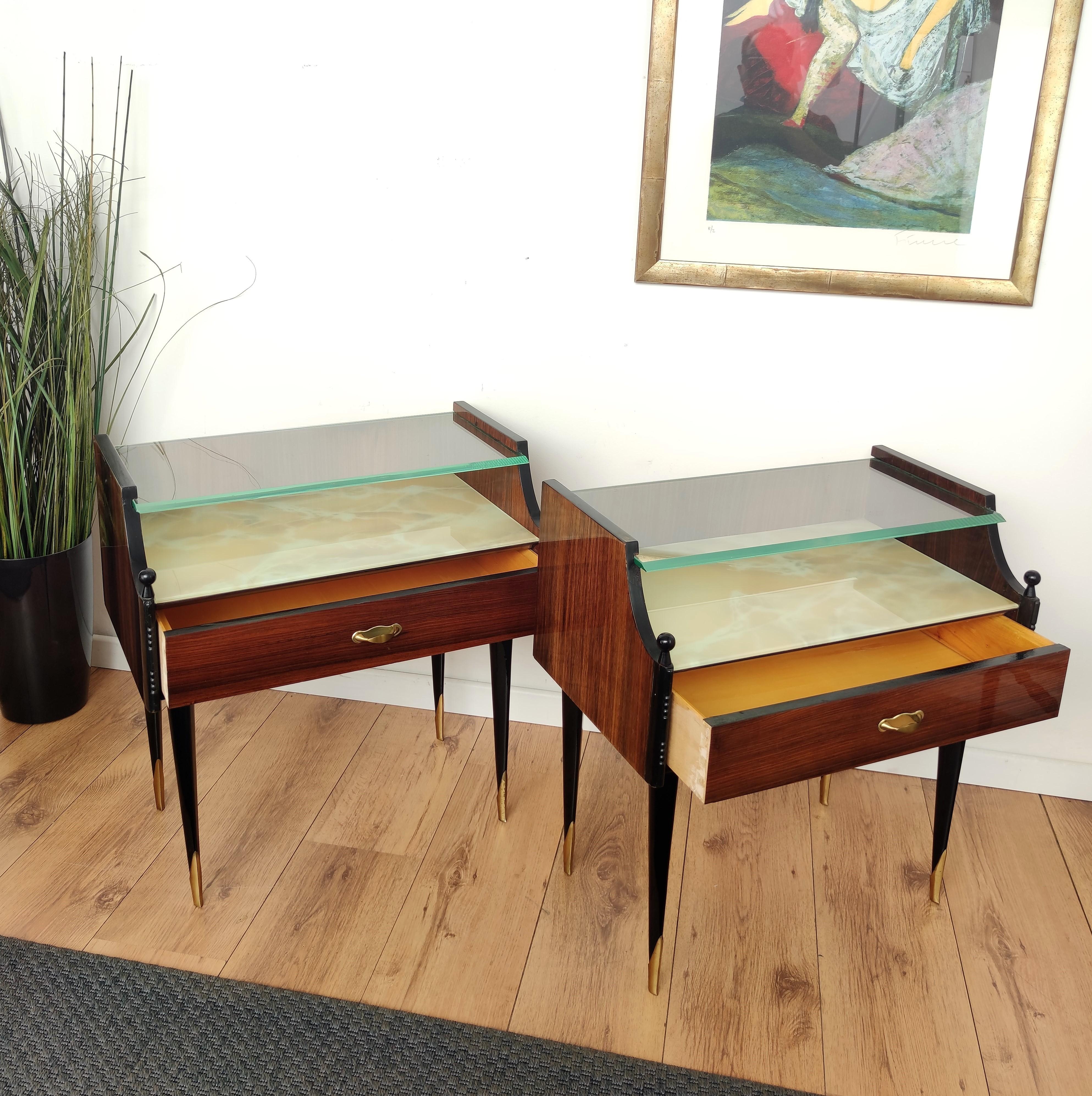 20th Century Italian Midcentury Art Deco Nightstands Bed Side Tables Briar Wood Brass & Glass