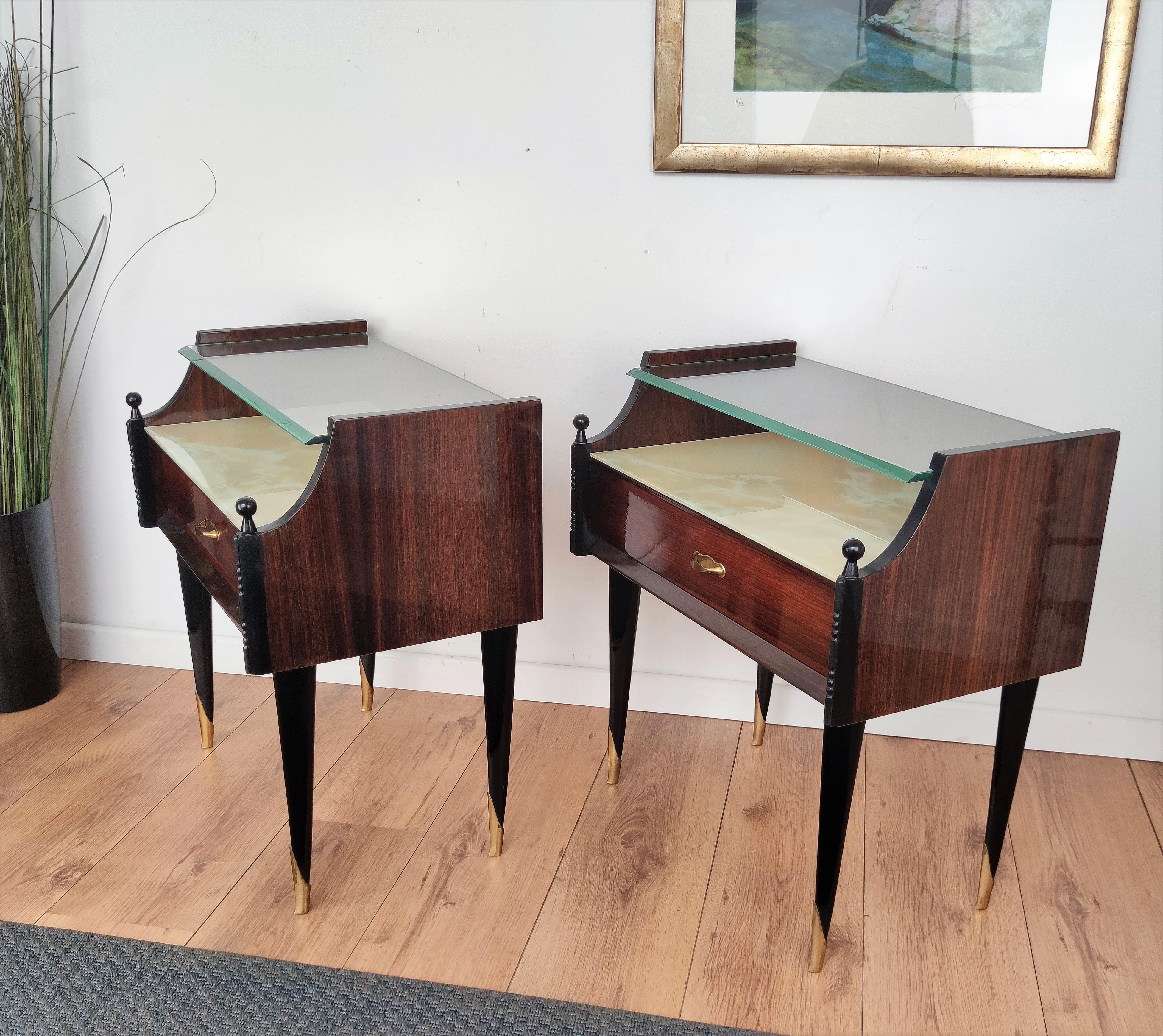 Italian Midcentury Art Deco Nightstands Bed Side Tables Briar Wood Brass & Glass 1