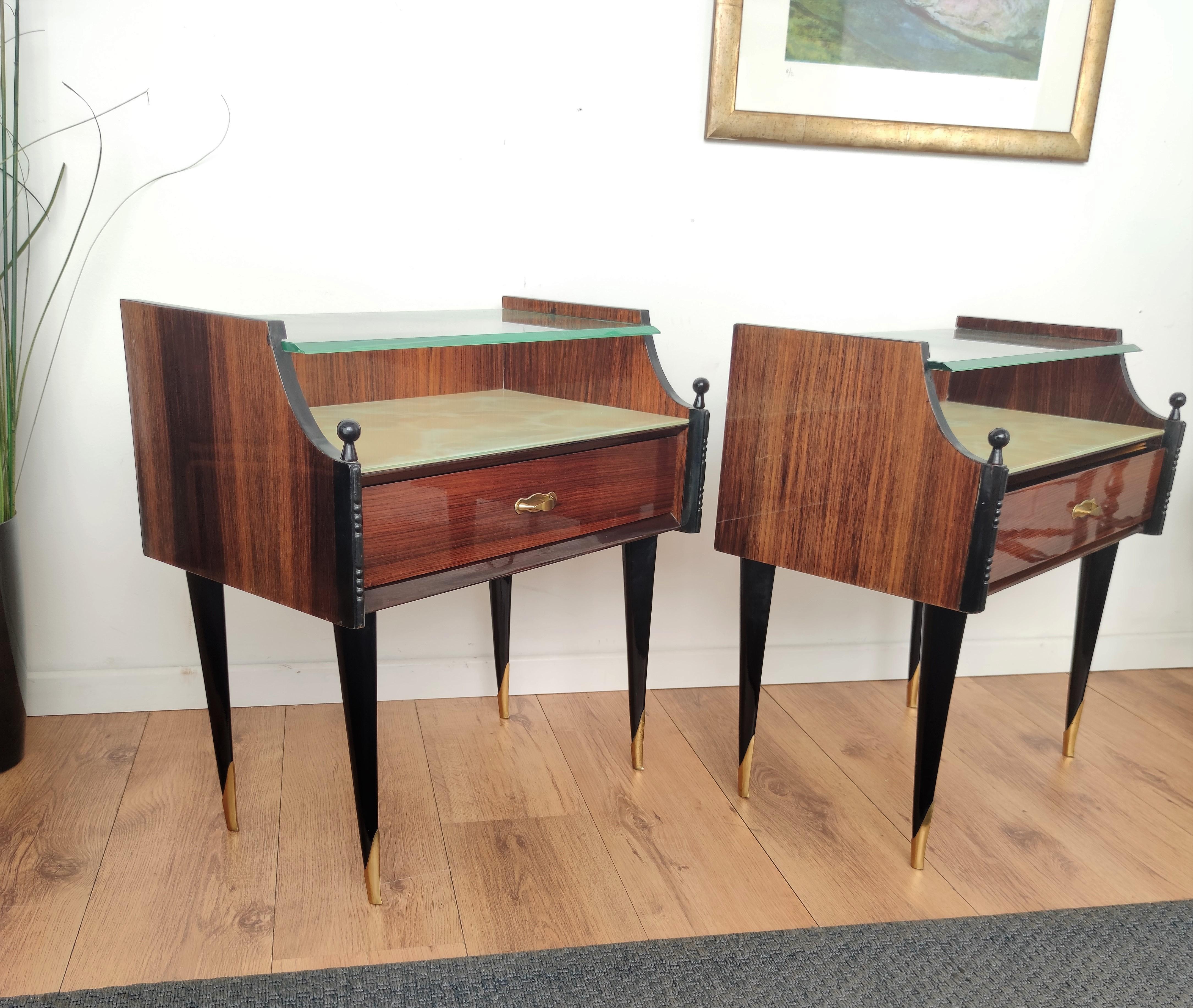 Italian Midcentury Art Deco Nightstands Bed Side Tables Briar Wood Brass & Glass 2