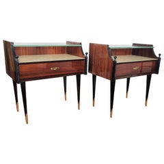 Italian Midcentury Art Deco Nightstands Bed Side Tables Briar Wood Brass & Glass