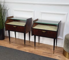 Italian Midcentury Art Deco Nightstands Bed Side Tables Wood Brass & Glass