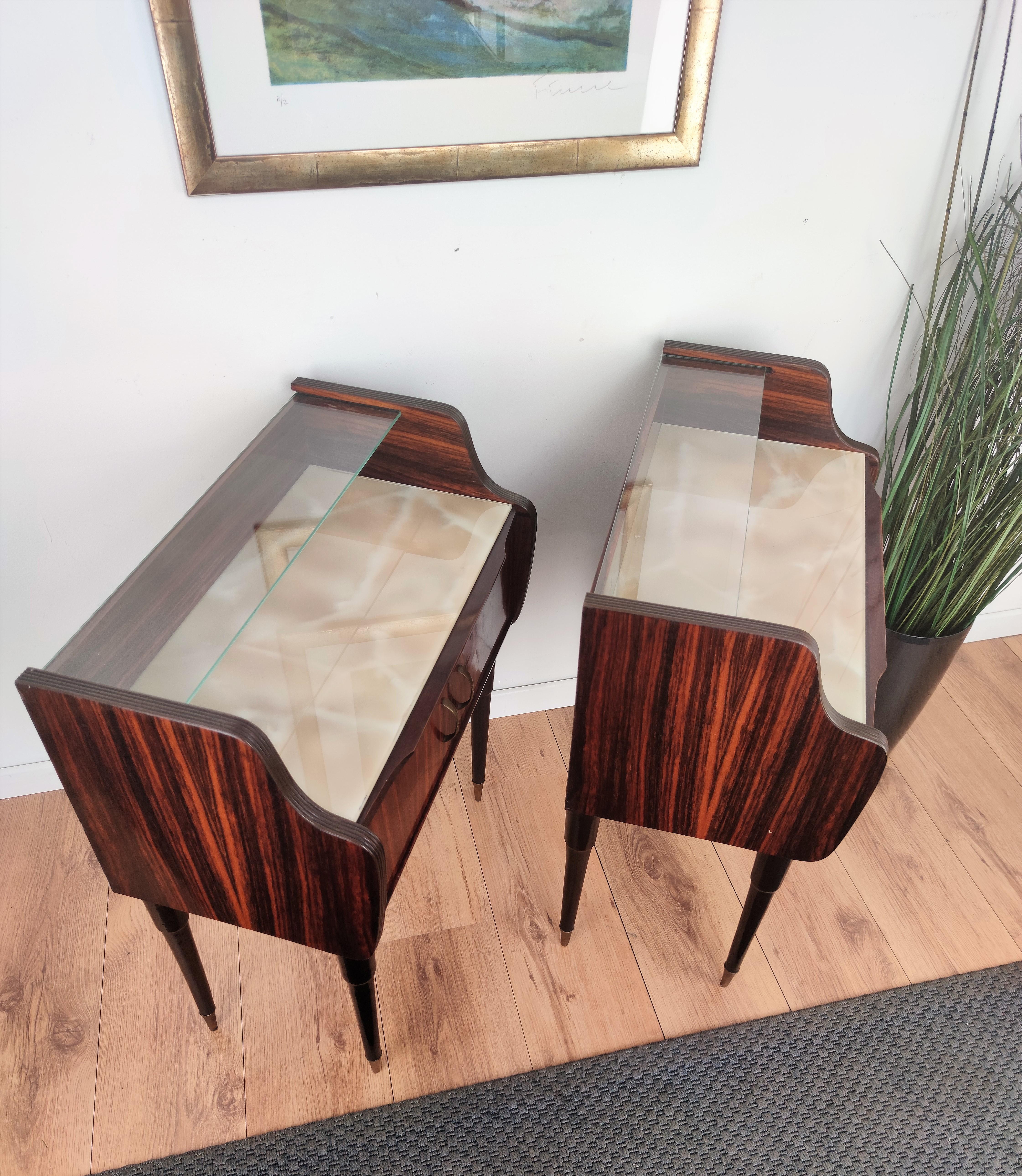 Veneer Italian Midcentury Art Deco Nightstands Bed Side Tables Wood Brass & Glass For Sale