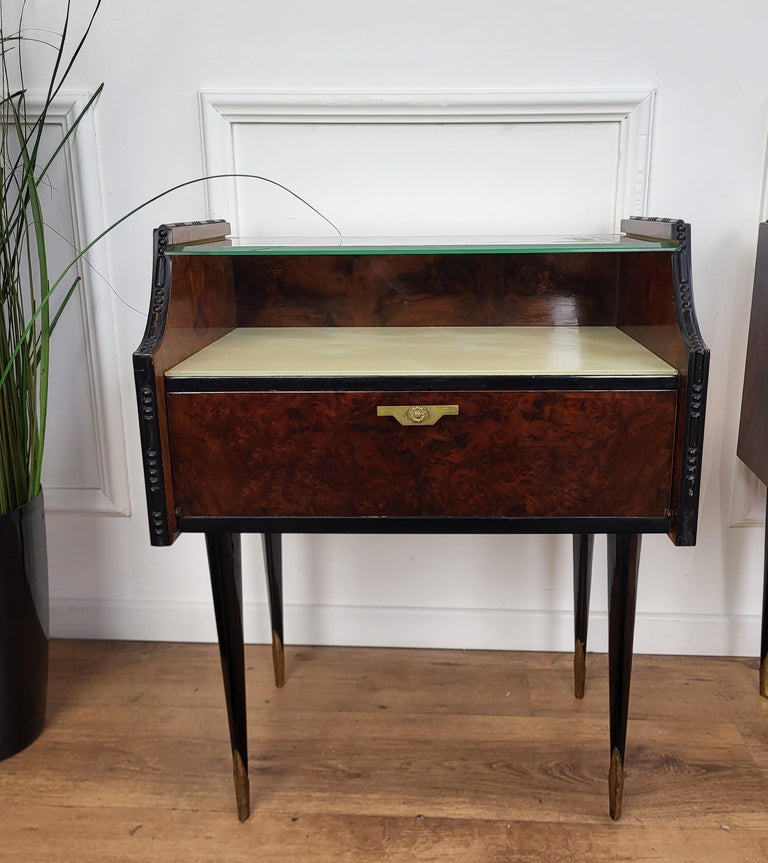 Veneer Italian Midcentury Art Deco Nightstands Bed Side Tables Wood Brass & Glass For Sale