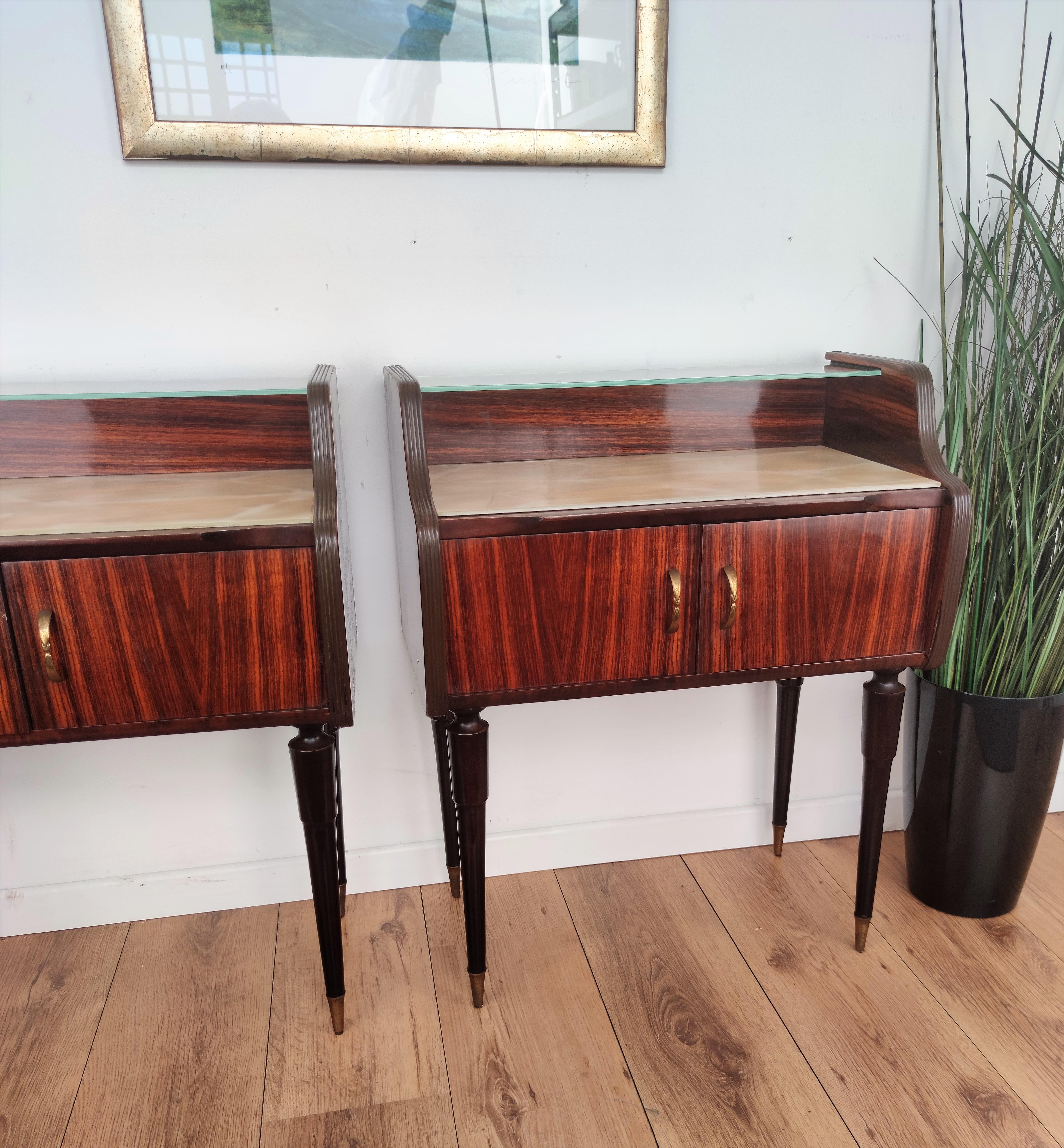 20th Century Italian Midcentury Art Deco Nightstands Bed Side Tables Wood Brass & Glass For Sale