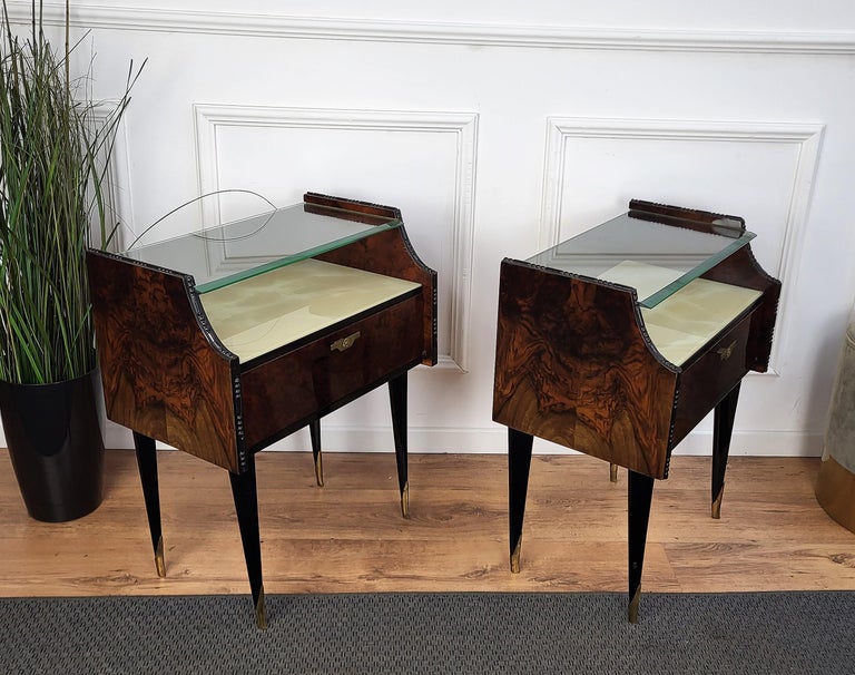 Italian Midcentury Art Deco Nightstands Bed Side Tables Wood Brass & Glass For Sale 2