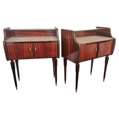 Vintage Italian Midcentury Art Deco Nightstands Bed Side Tables Wood Brass & Glass