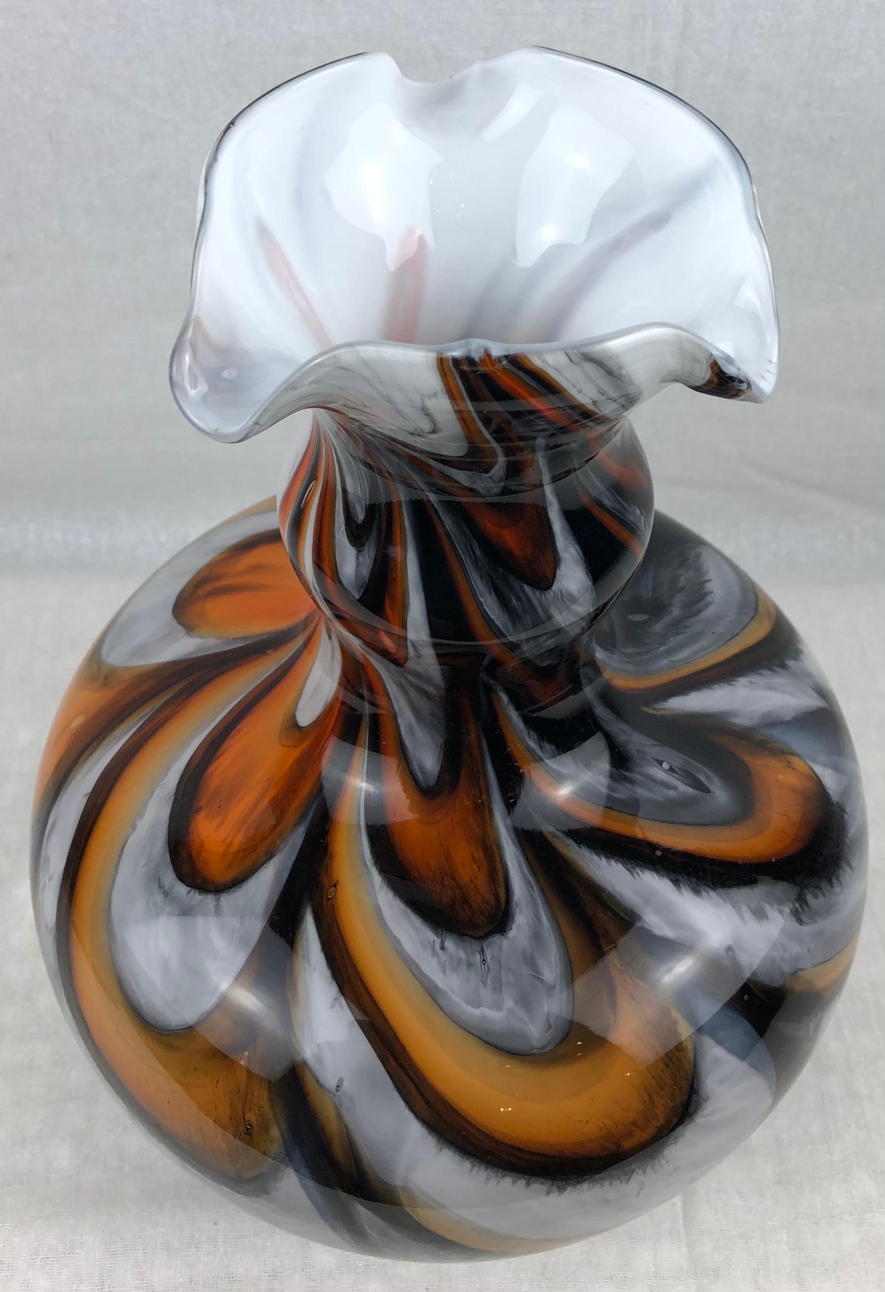 Italian Midcentury Art Glass Vase with Swirl Designs, Black White Orange For Sale 6
