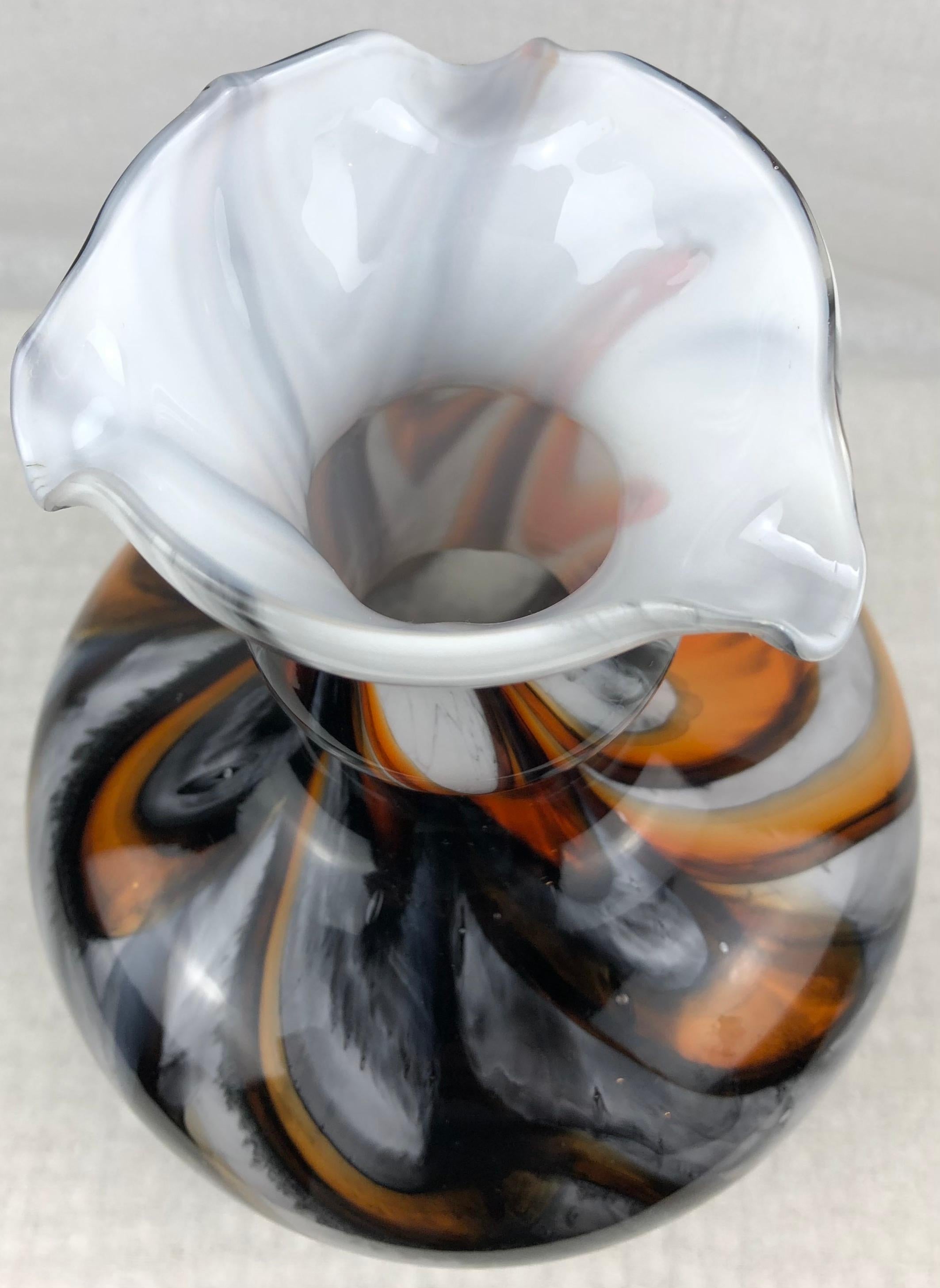Mid-Century Modern Italian Midcentury Art Glass Vase with Swirl Designs, Black White Orange For Sale