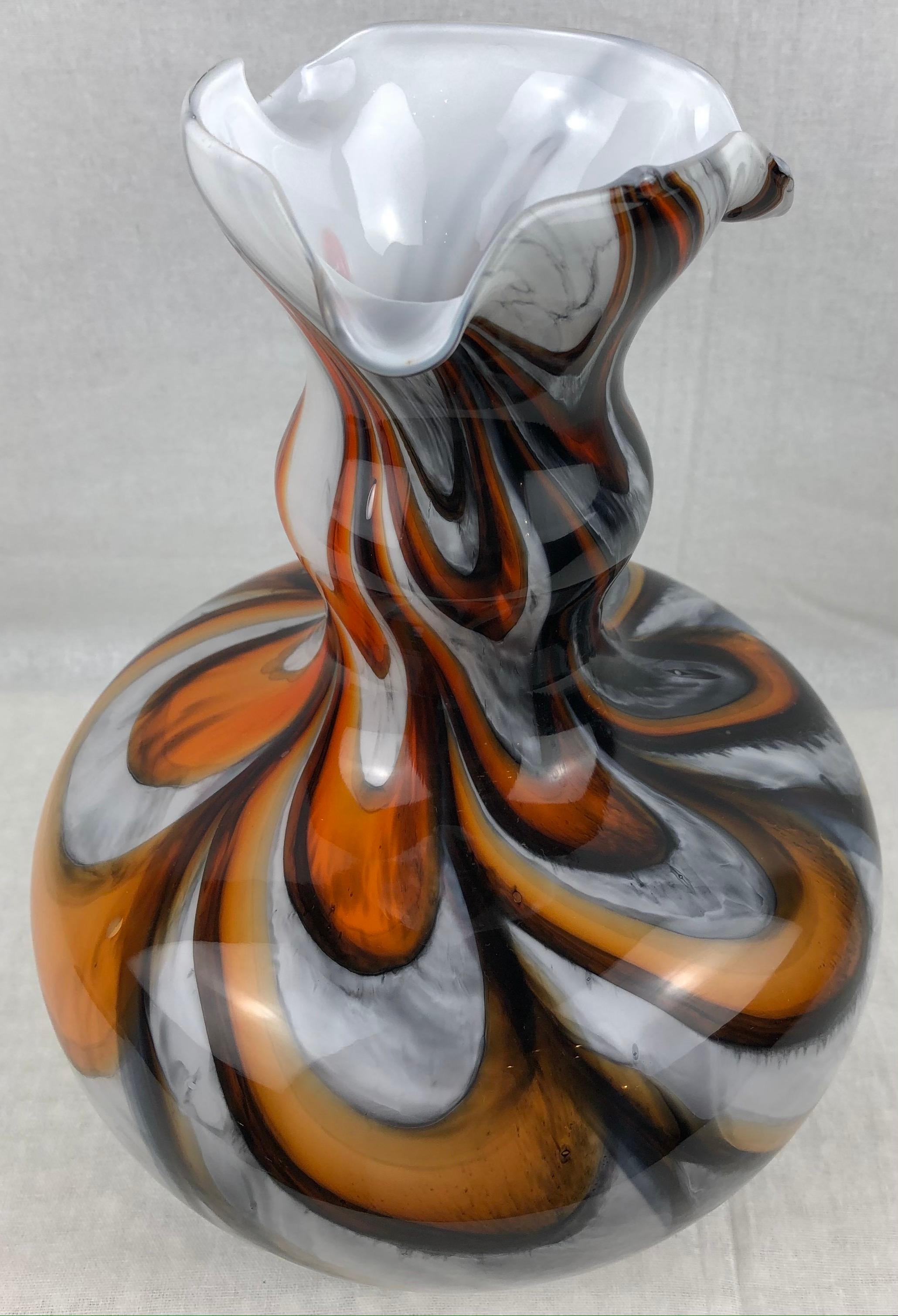 Italian Midcentury Art Glass Vase with Swirl Designs, Black White Orange In Good Condition For Sale In Miami, FL