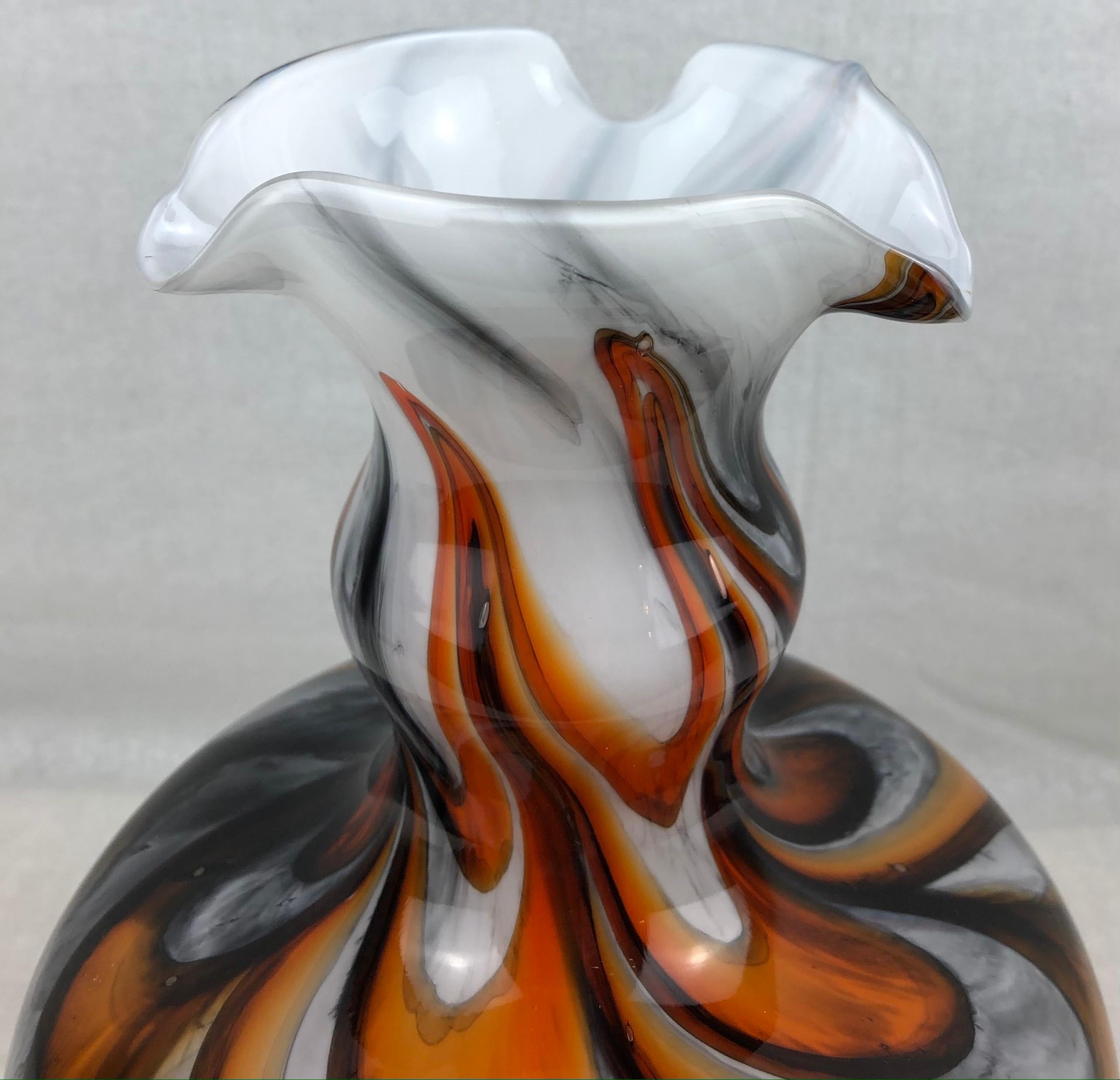 20th Century Italian Midcentury Art Glass Vase with Swirl Designs, Black White Orange For Sale