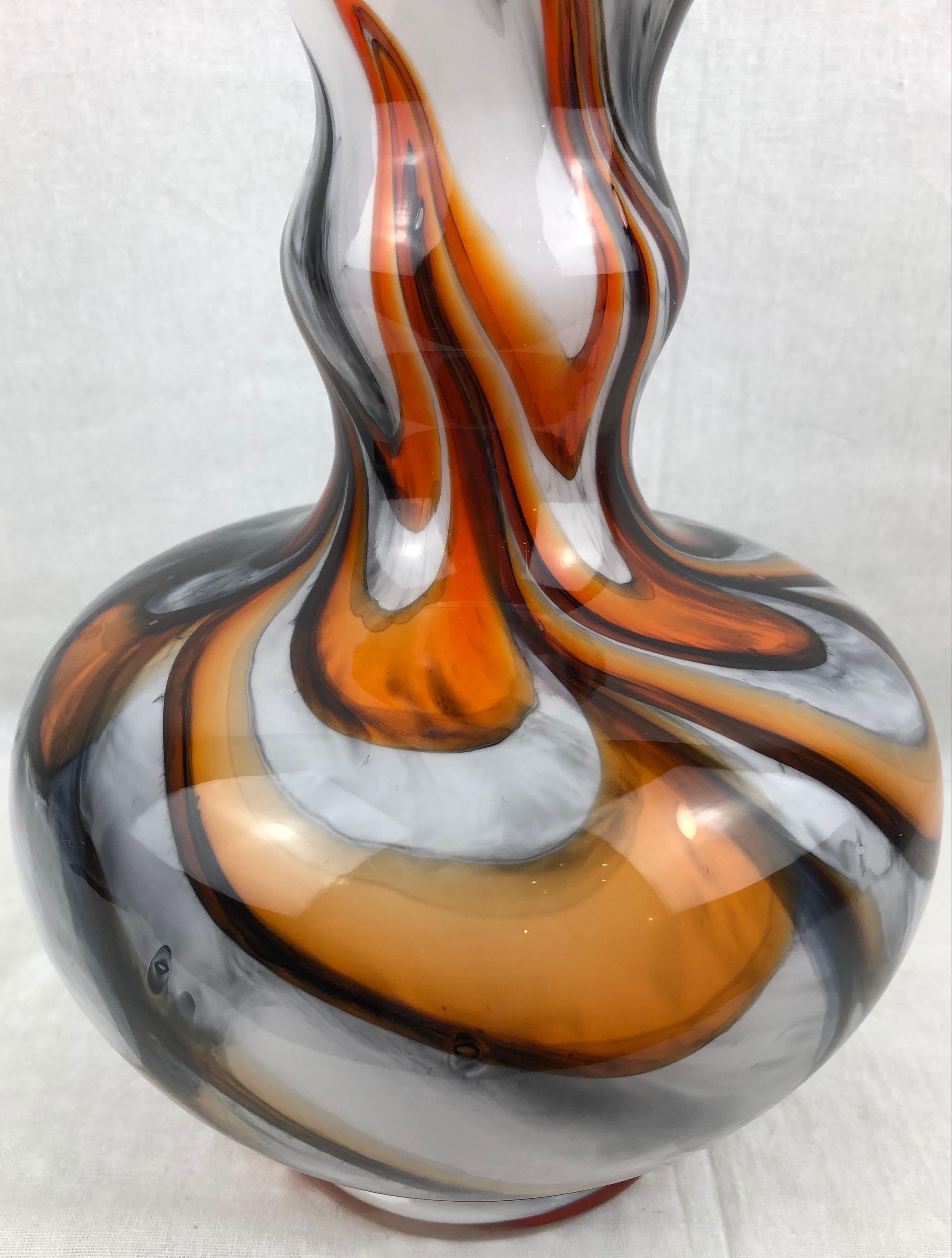 Italian Midcentury Art Glass Vase with Swirl Designs, Black White Orange For Sale 1
