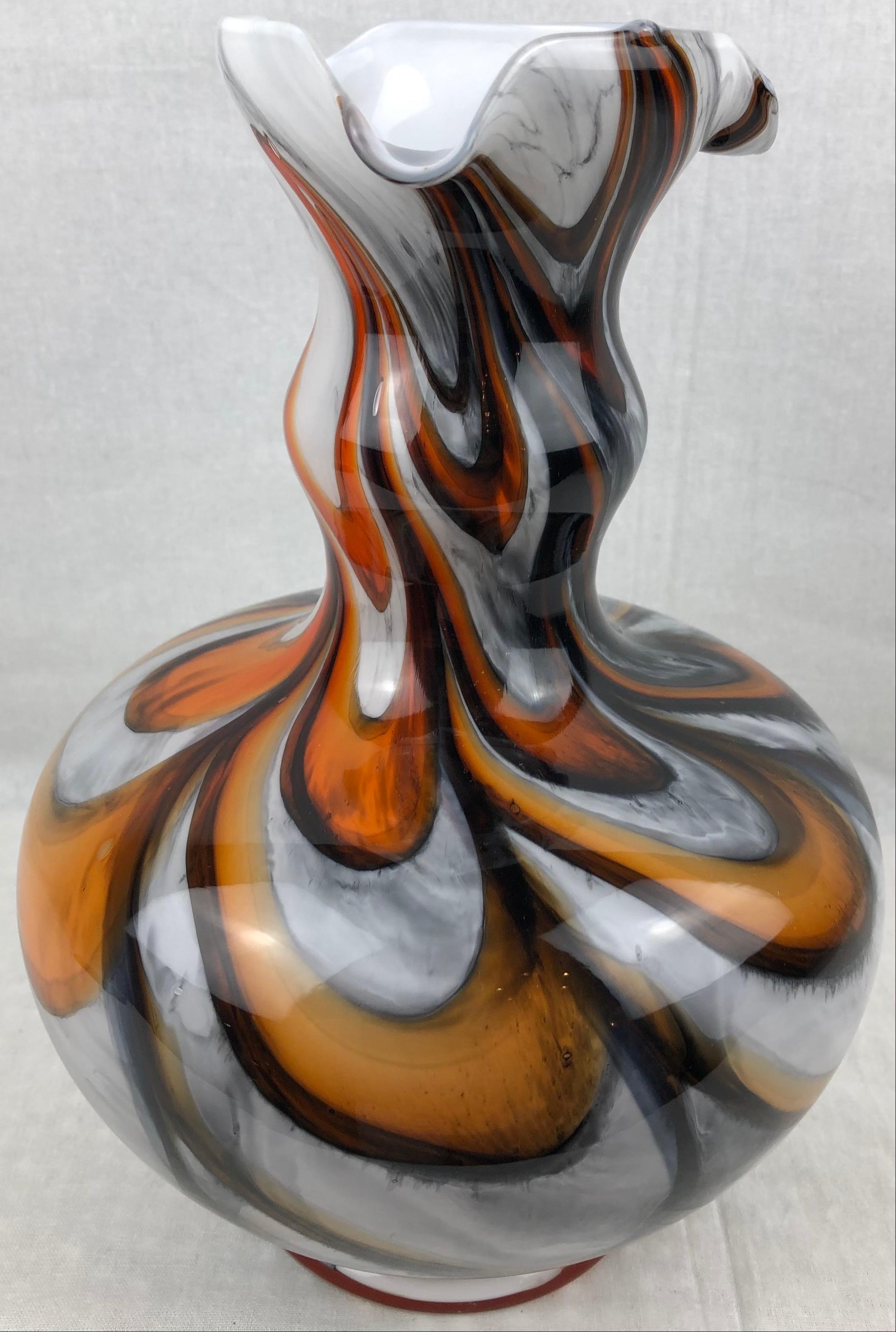 Italian Midcentury Art Glass Vase with Swirl Designs, Black White Orange For Sale 2