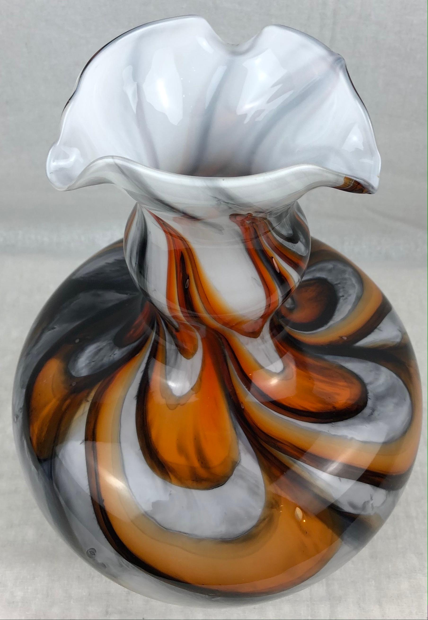 Italian Midcentury Art Glass Vase with Swirl Designs, Black White Orange For Sale 3