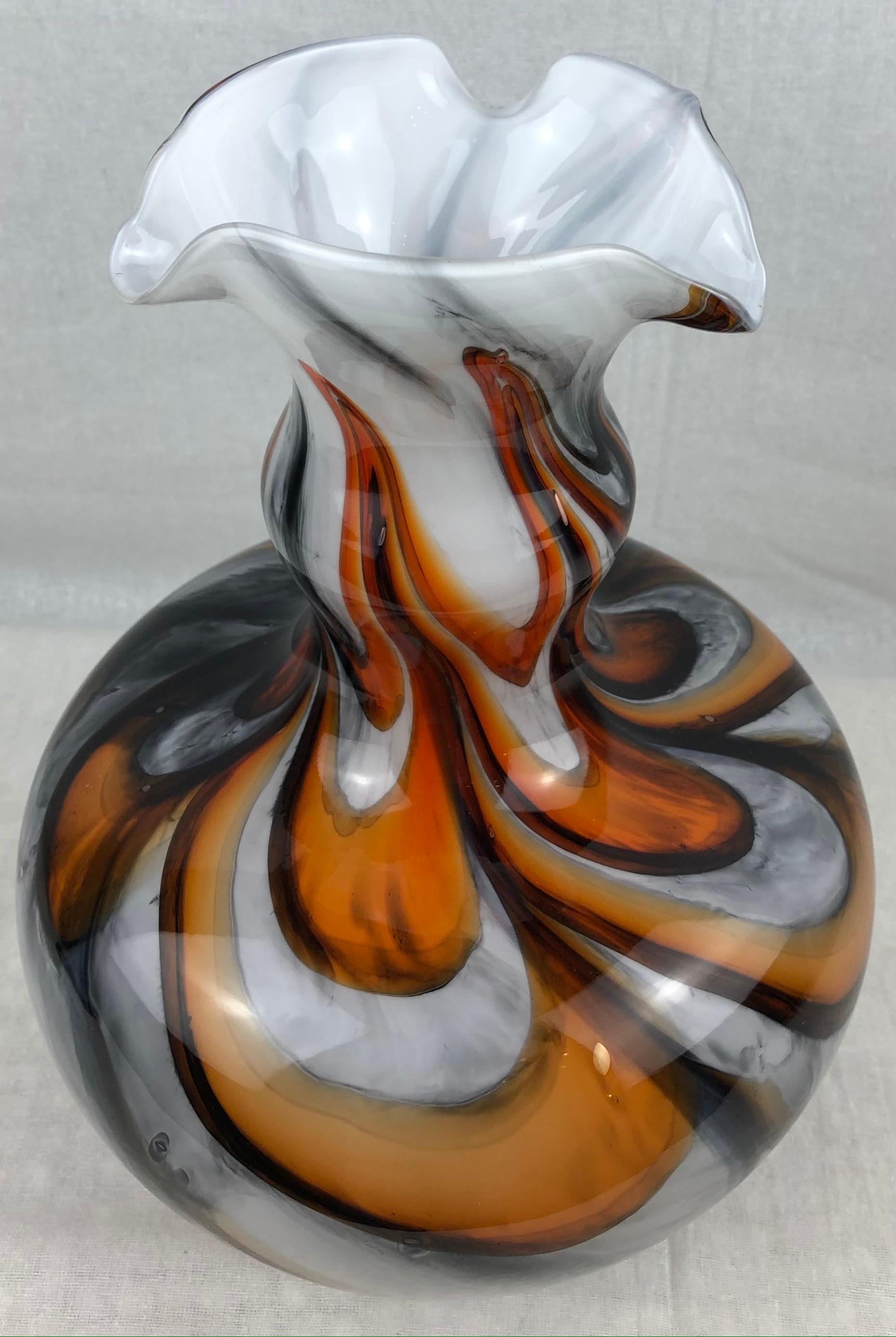 Italian Midcentury Art Glass Vase with Swirl Designs, Black White Orange For Sale 4