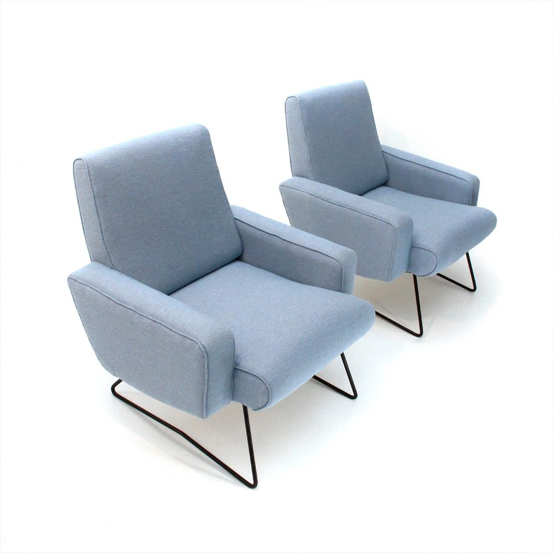 Pair of armchairs Italian manufacturing produced in 1960s
Wooden structure padded and lined in light blue fabric.
Good general conditions, some signs due to normal use over time.

Dimensions: Length 70 cm, depth 70 cm, height 75 cm, seat height