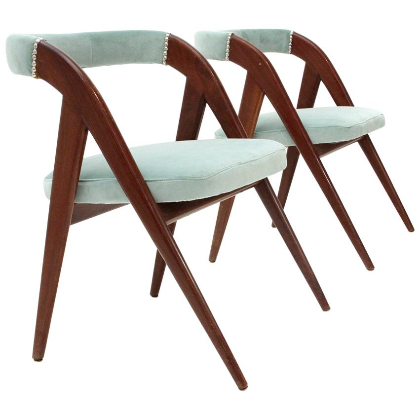 Italian Midcentury Azure Velvet Chair, 1950s, Set of 2