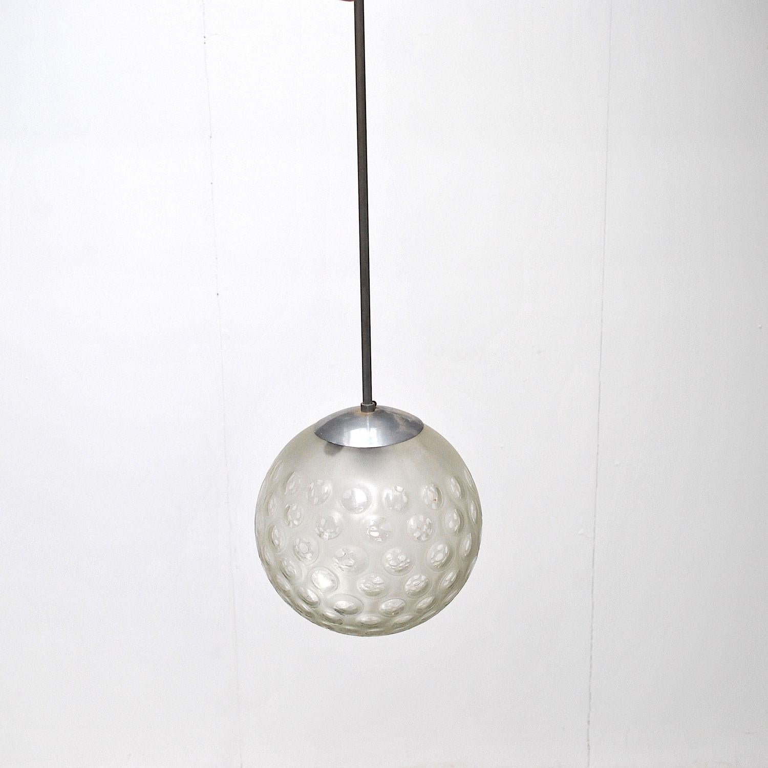 Steel Italian Midcentury Ball Chandelier in Worked Glass For Sale