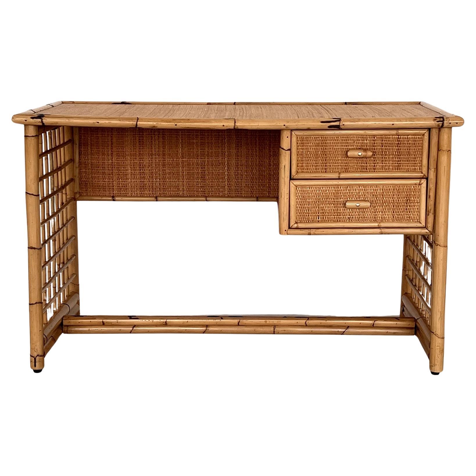 Italian Midcentury Bamboo and Rattan Desk or Vanity with two Drawers, 1970s For Sale