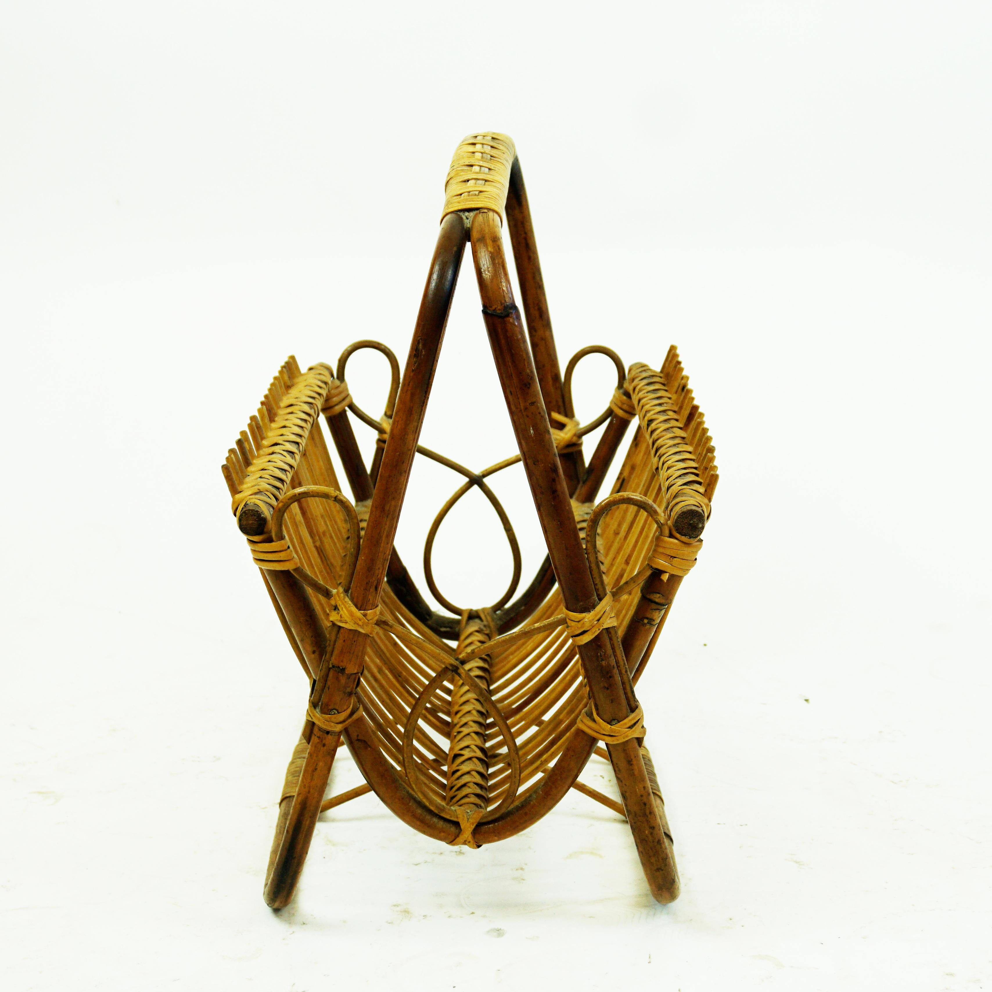 Mid-20th Century Italian Midcentury Bamboo and Wicker Magazine Stand For Sale