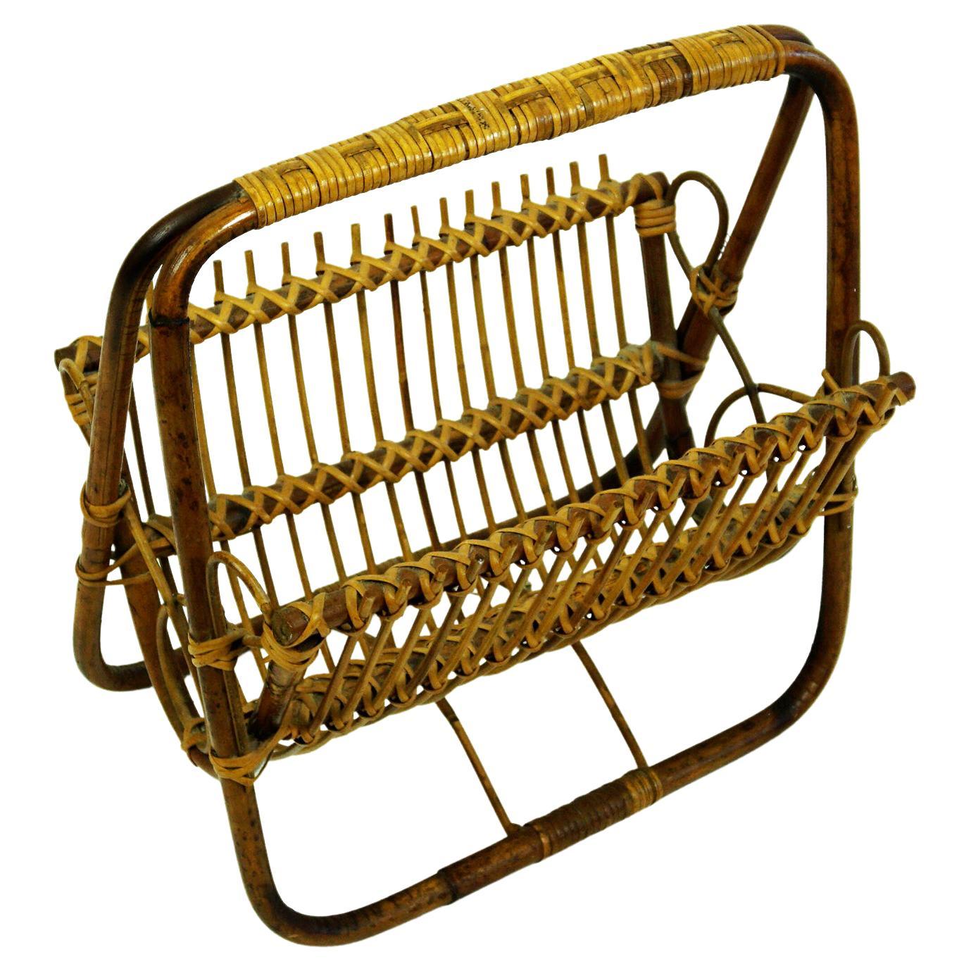 Italian Midcentury Bamboo and Wicker Magazine Stand For Sale