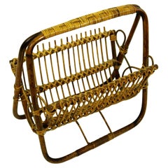 Retro Italian Midcentury Bamboo and Wicker Magazine Stand