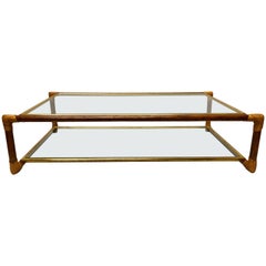 Italian Midcentury Bamboo, Rattan and Glass Double Level Coffee Table by Banci