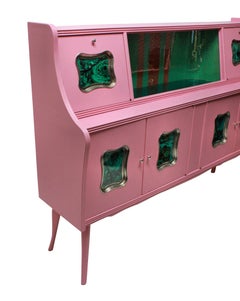 Italian Midcentury Bar Cabinet in Pink Lacquer with Malachite Panels