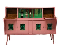 Italian Midcentury Bar Cabinet in Pink Lacquer with Malachite Panels