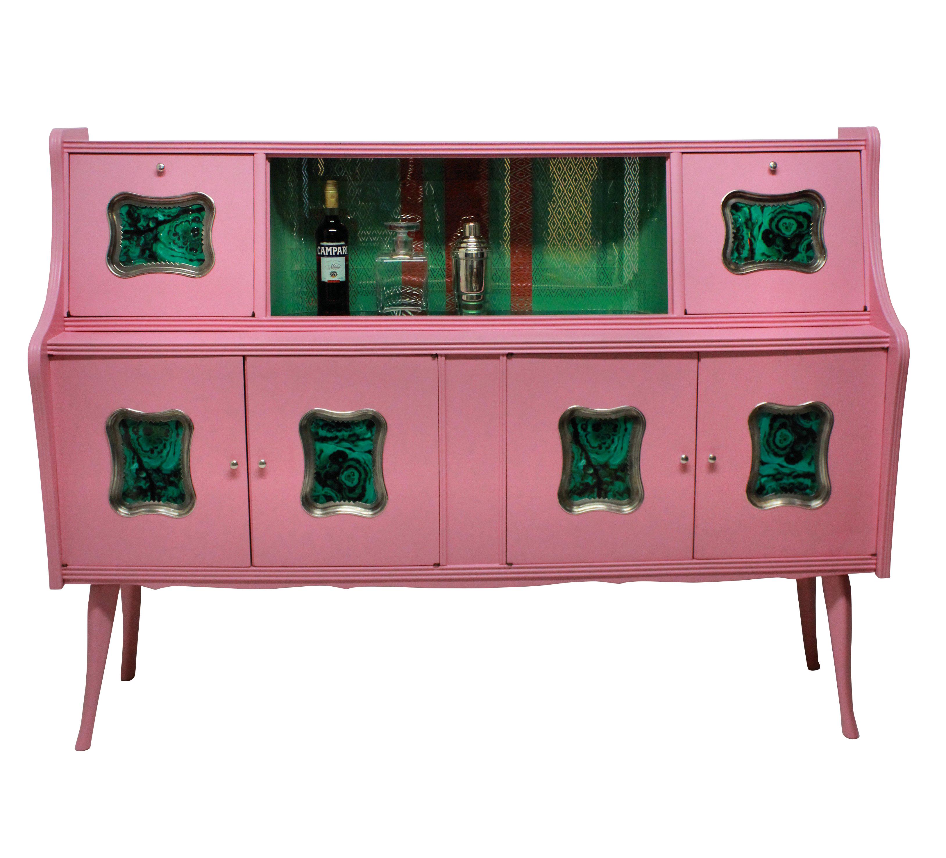 Mid-Century Modern Italian Midcentury Bar Cabinet in Pink Lacquer with Malachite Panels