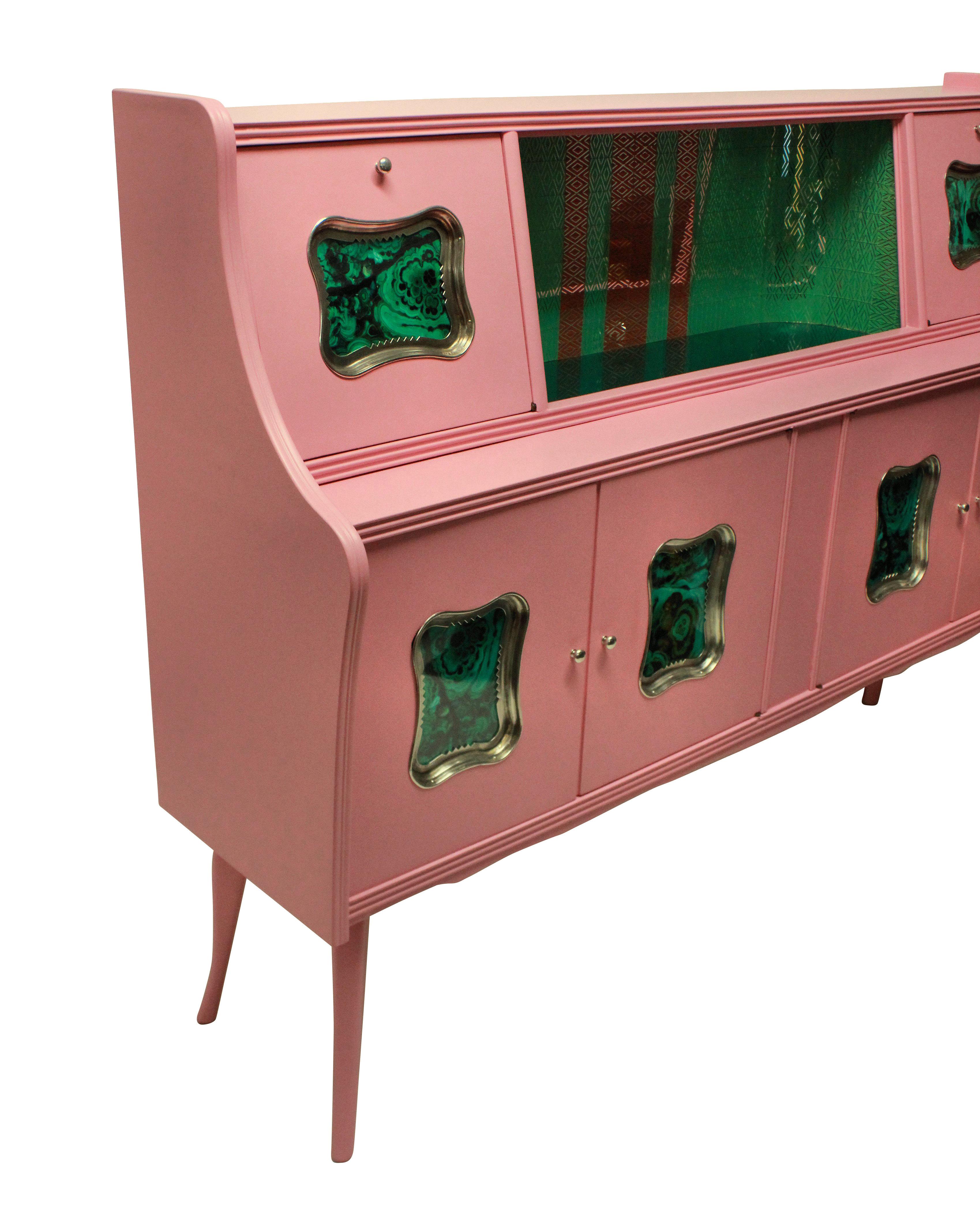Mid-Century Modern Italian Midcentury Bar Cabinet in Pink Lacquer with Malachite Panels