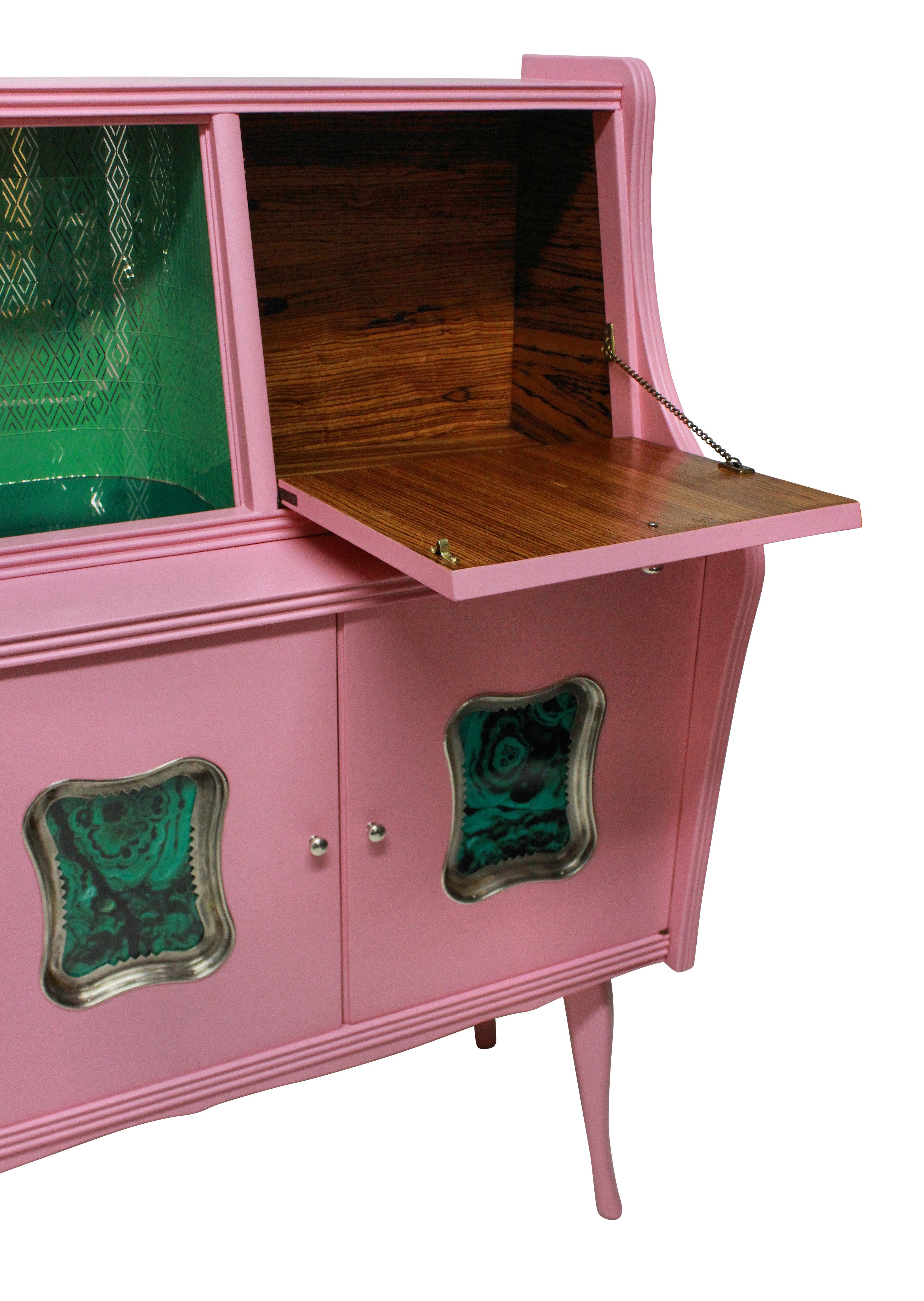 Mid-20th Century Italian Midcentury Bar Cabinet in Pink Lacquer with Malachite Panels