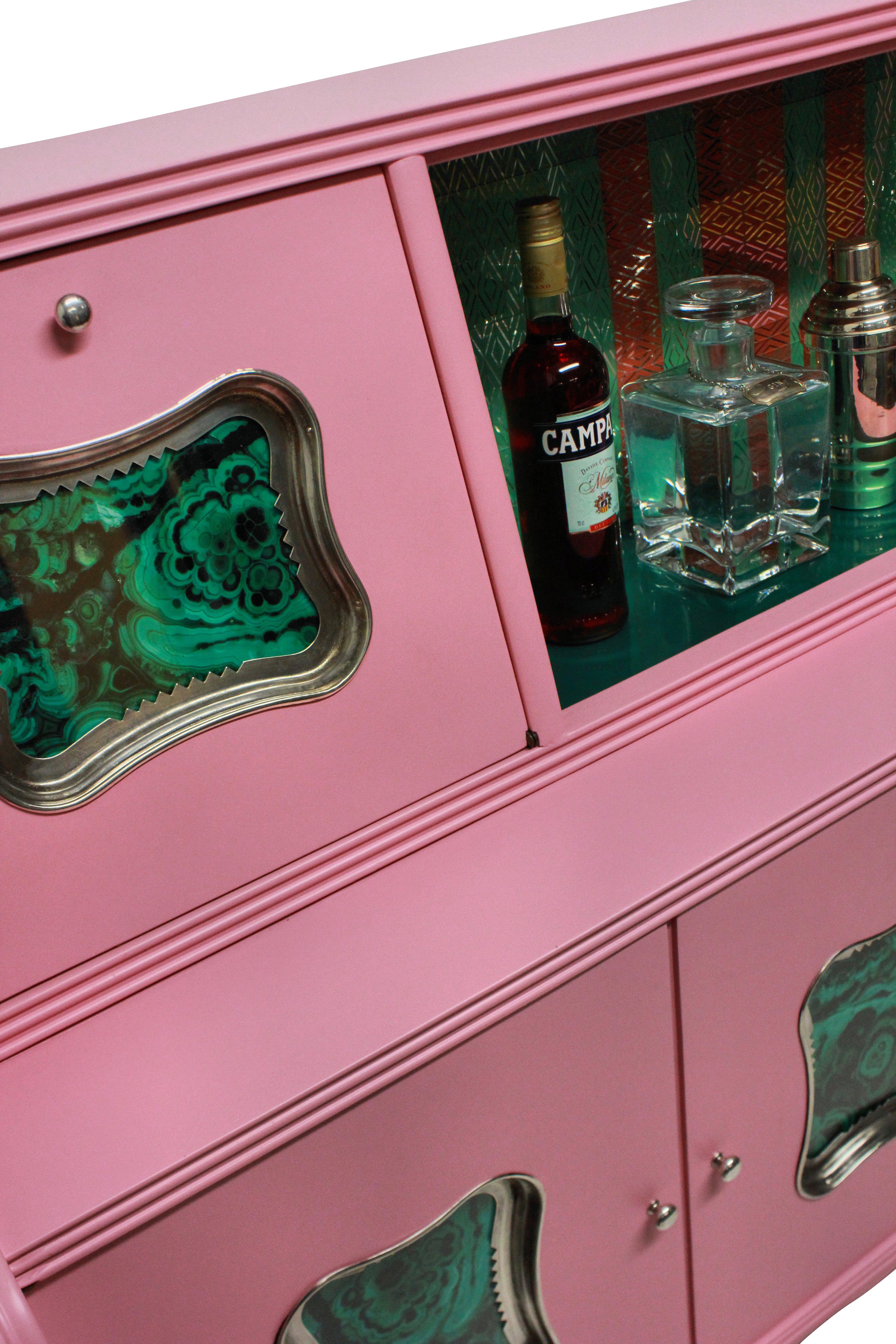 Beech Italian Midcentury Bar Cabinet in Pink Lacquer with Malachite Panels