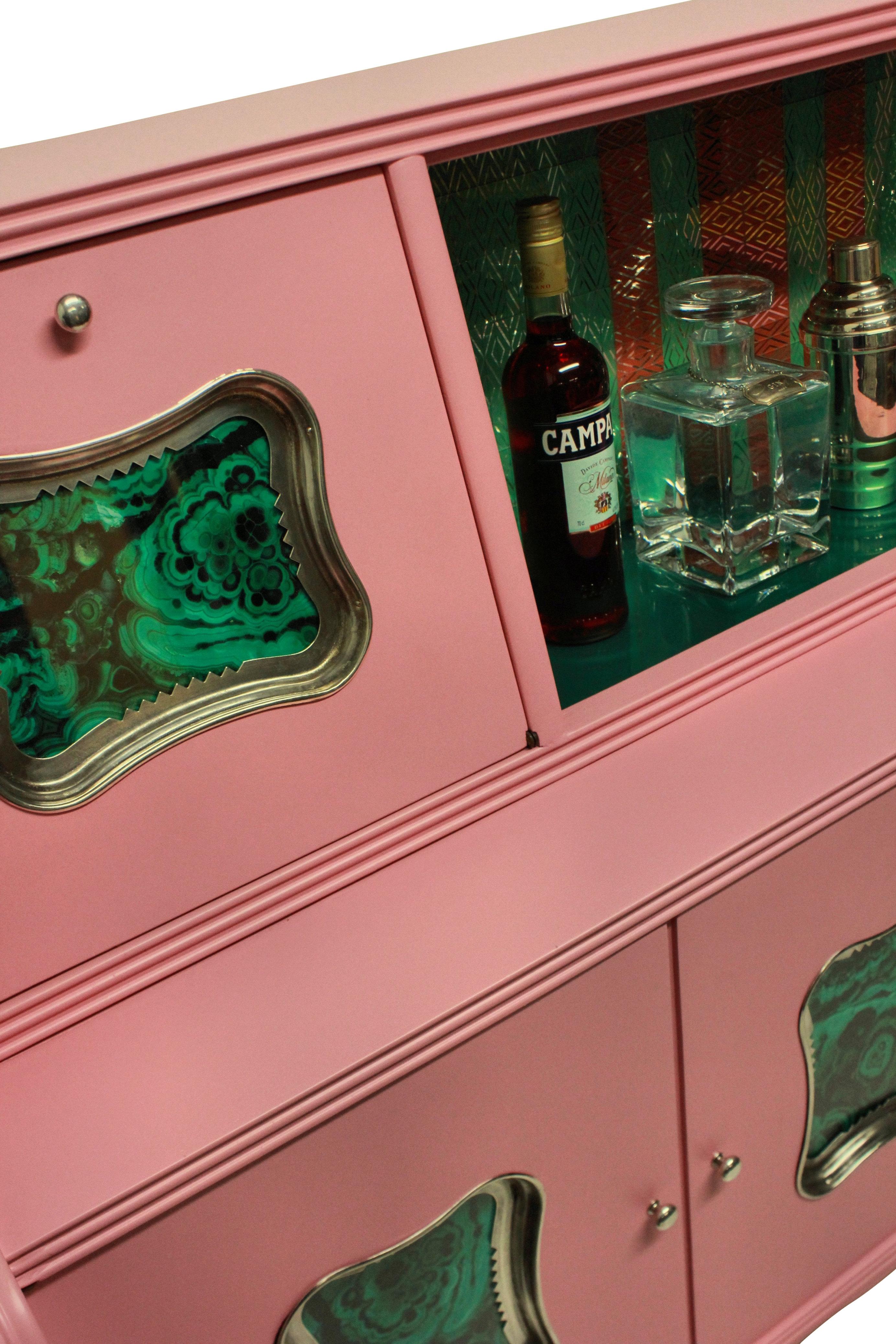 Mid-Century Modern Italian Midcentury Bar Cabinet in Pink Lacquer with Malachite Panels