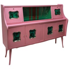 Italian Midcentury Bar Cabinet in Pink Lacquer with Malachite Panels