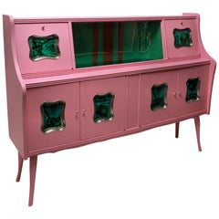 Italian Midcentury Bar Cabinet in Pink Lacquer with Malachite Panels