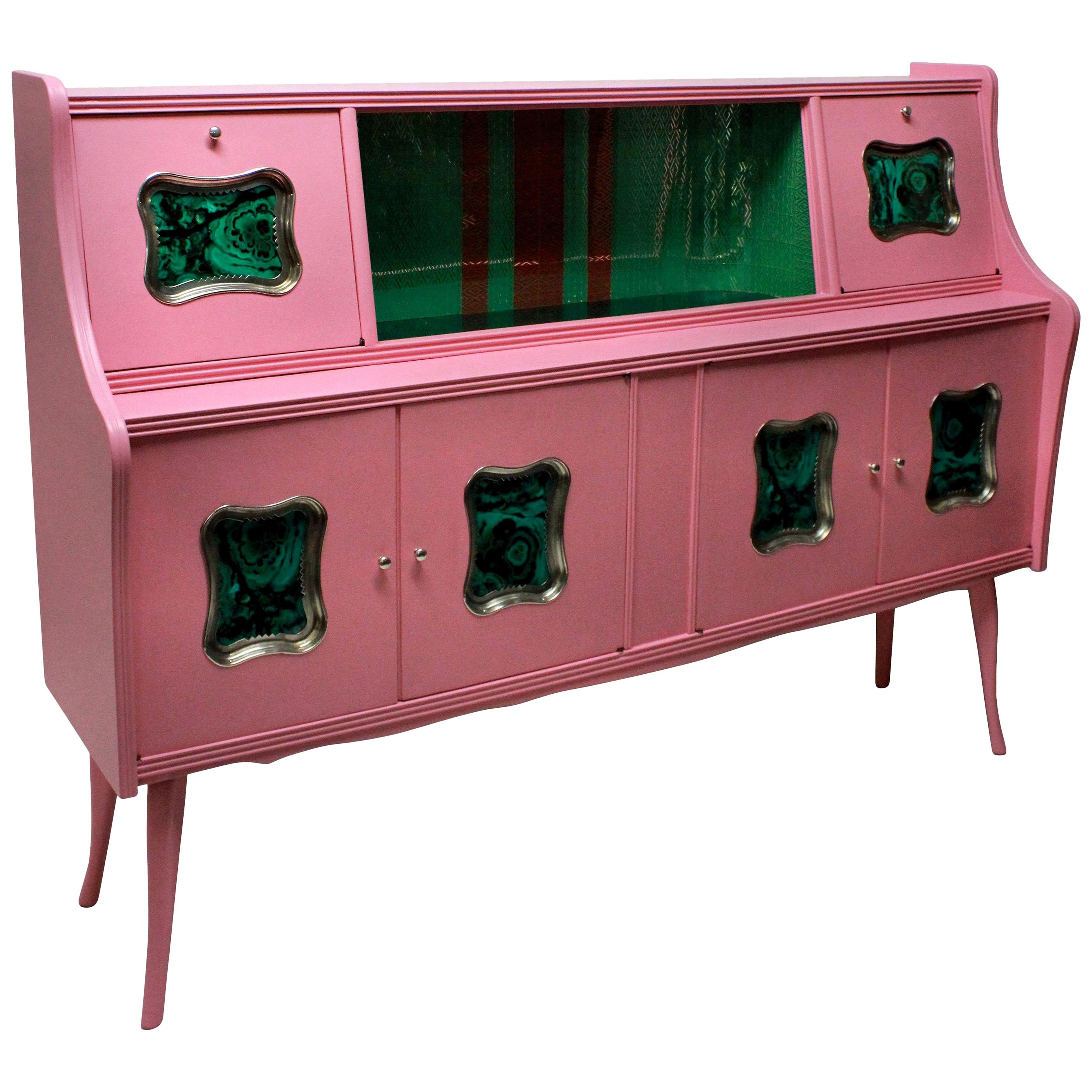 Italian Midcentury Bar Cabinet in Pink Lacquer with Malachite Panels