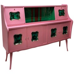 Italian Midcentury Bar Cabinet in Pink Lacquer with Malachite Panels