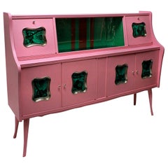 Italian Midcentury Bar Cabinet in Pink Lacquer with Malachite Panels