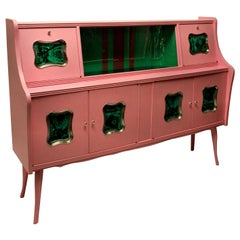 Italian Midcentury Bar Cabinet in Pink Lacquer with Malachite Panels