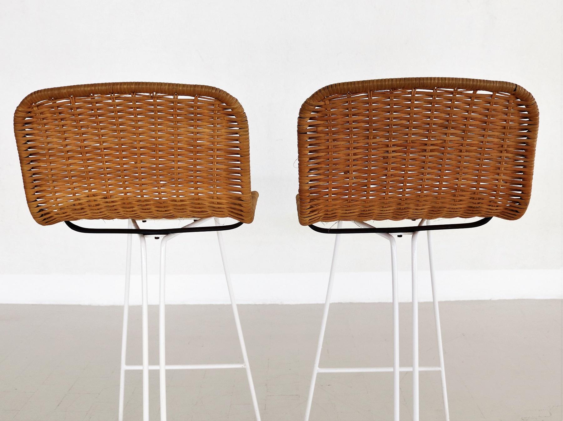 Mid-Century Modern Italian Midcentury Bar Stools in Wicker and Metal by Cidue, 1980s For Sale