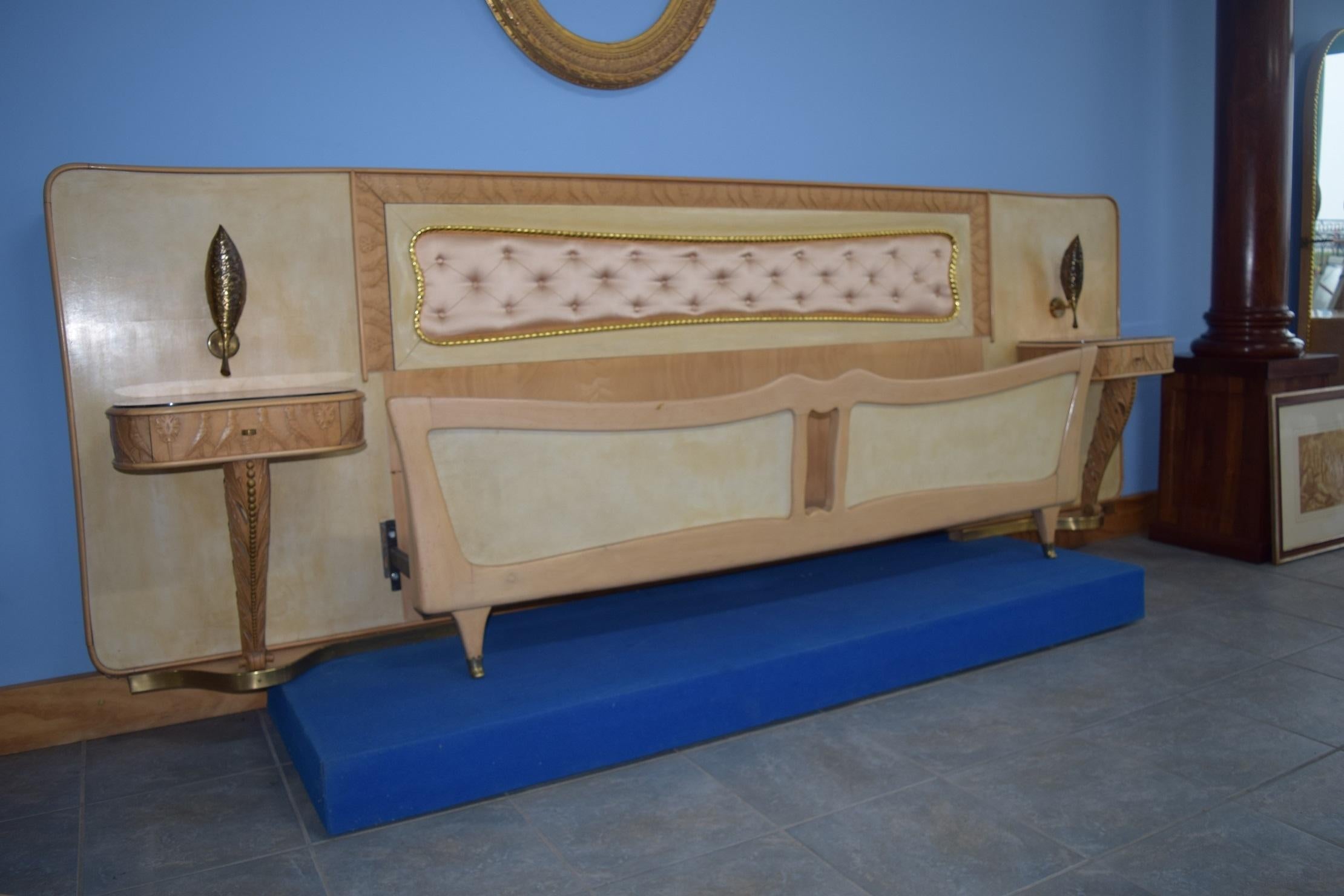 Mid-Century Modern Italian Midcentury Bed with Night Stands in Parchment by Pierluigi Colli, 1950s For Sale