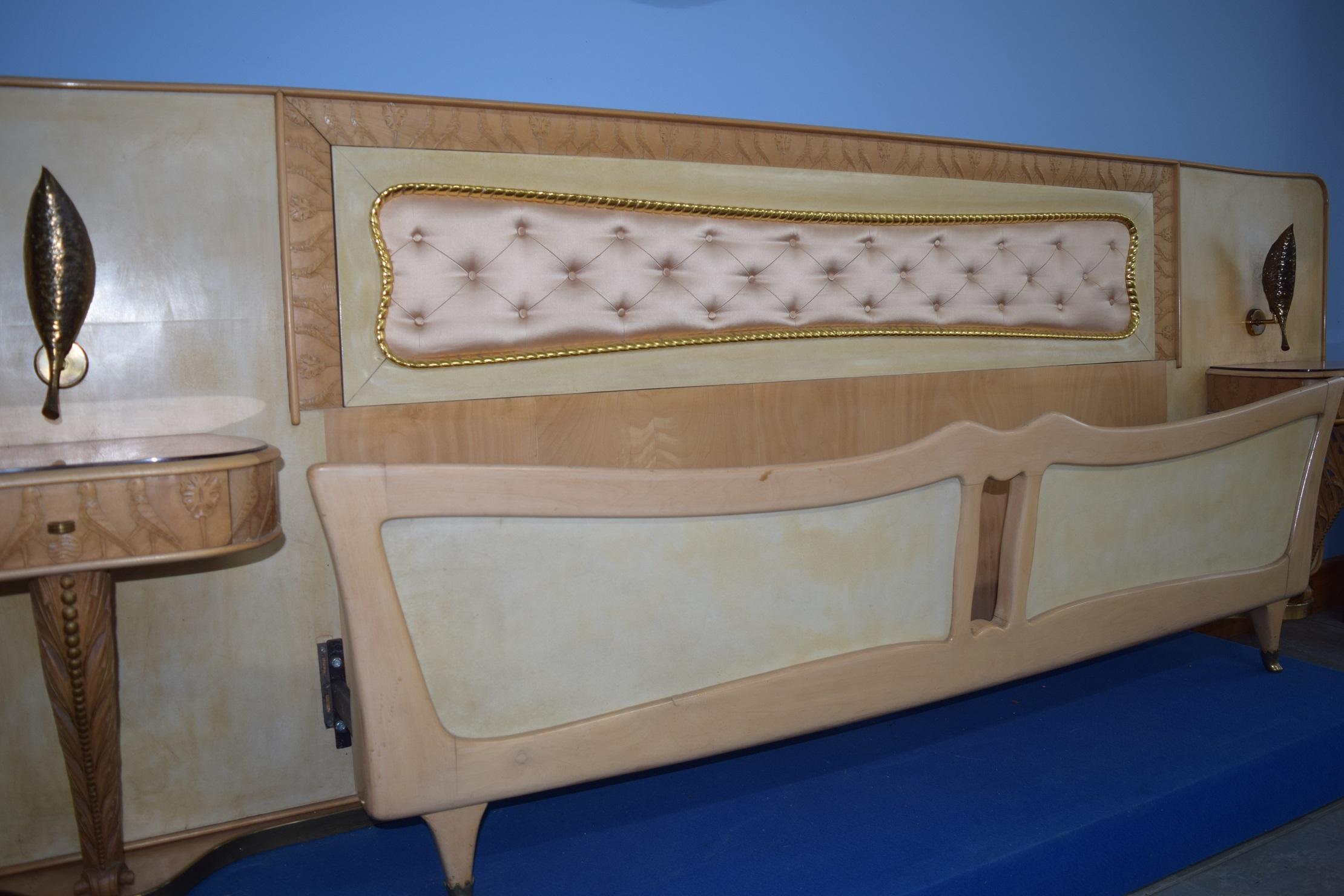 Mid-20th Century Italian Midcentury Bed with Night Stands in Parchment by Pierluigi Colli, 1950s For Sale