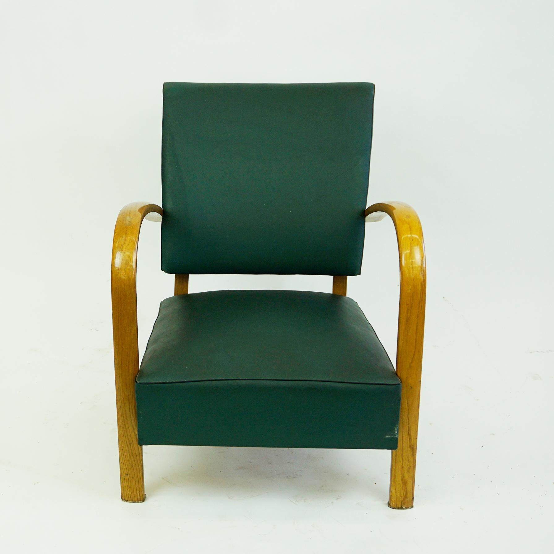 Mid-Century Modern Italian Midcentury Beech Lounge Chair with Green Leatherette For Sale