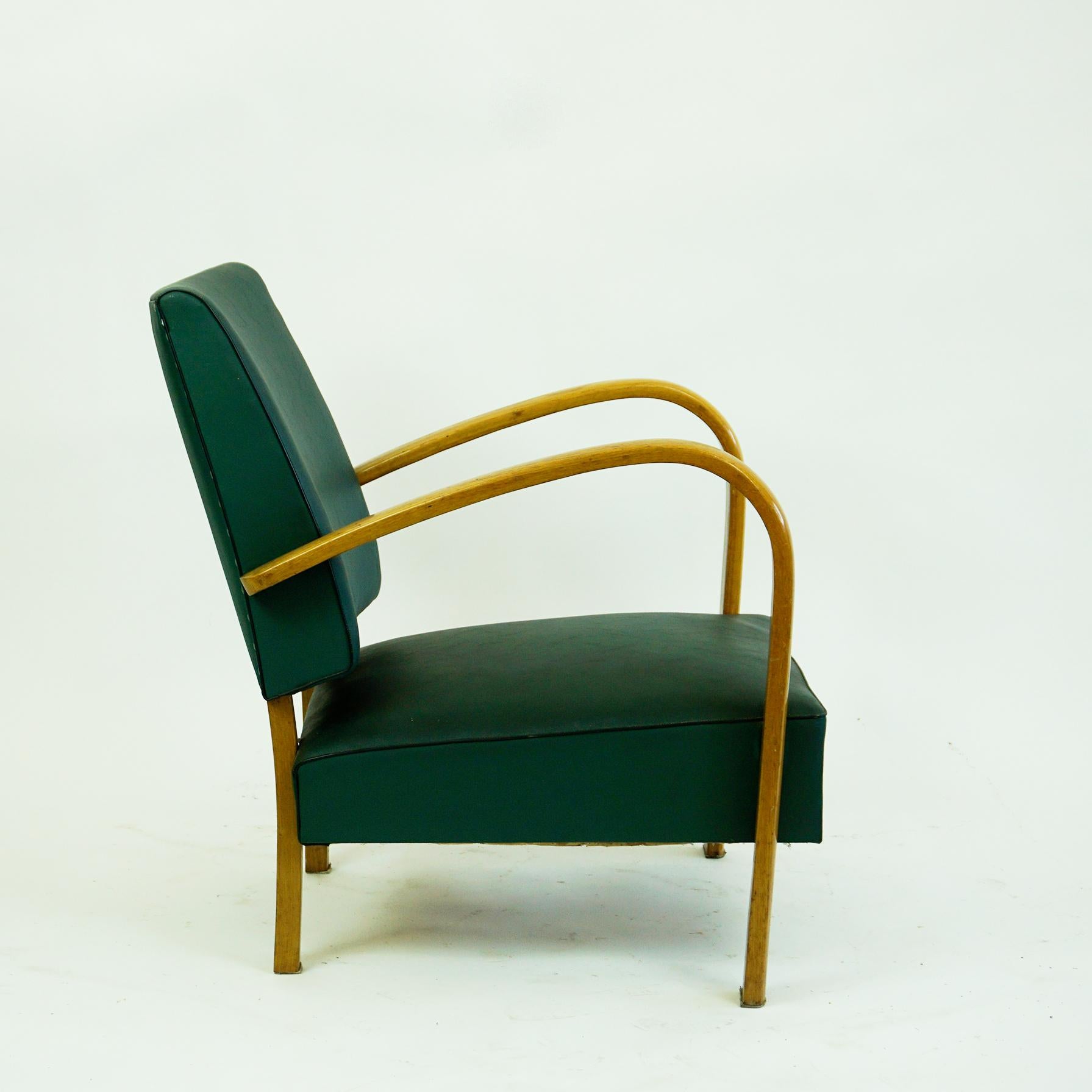 Mid-20th Century Italian Midcentury Beech Lounge Chair with Green Leatherette For Sale
