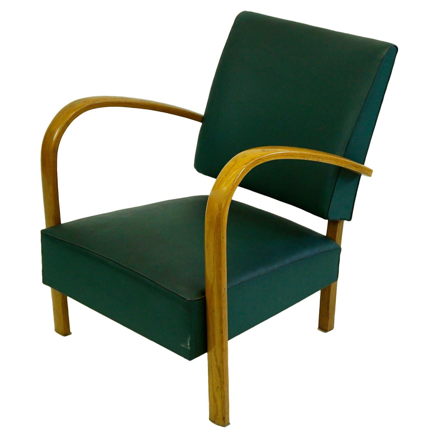 Italian Midcentury Beech Lounge Chair with Green Leatherette