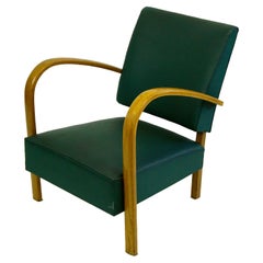 Retro Italian Midcentury Beech Lounge Chair with Green Leatherette